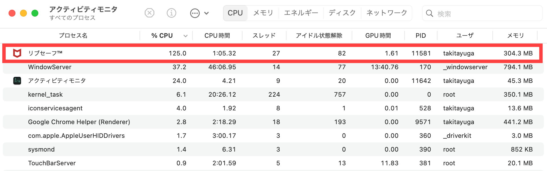 マカフィーリブセーフ CPU使用率